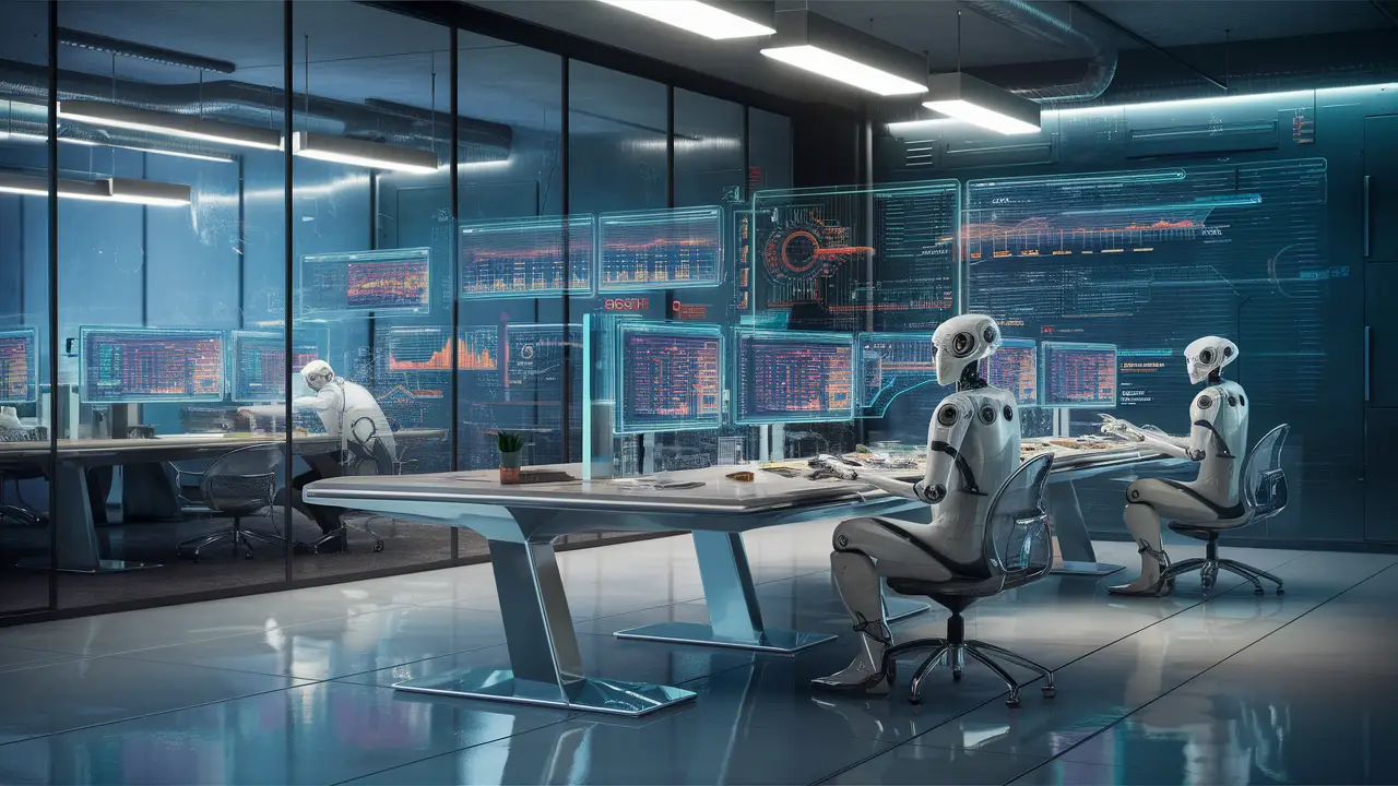 Escritório futurista com paredes de vidro, mesas metálicas e telas holográficas exibindo métricas de dados.