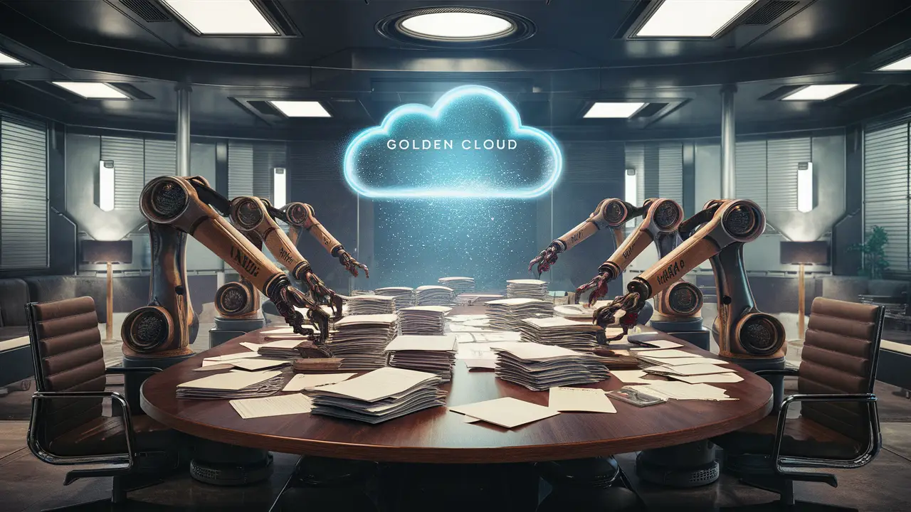 Braços robóticos organizando papéis em mesa com holograma 'Golden Cloud' em escritório futurista.
