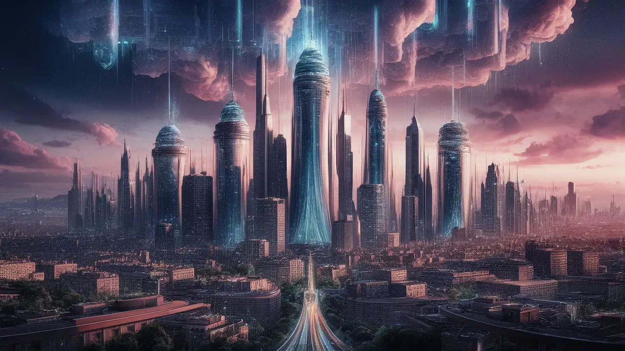 Arranha-céus futuristas de vidro e metal com nuvens digitais e servidores flutuantes no céu
