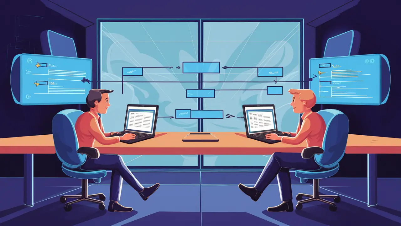 Duas pessoas colaborando em tempo real com laptops e tela digital compartilhada mostrando um fluxograma.