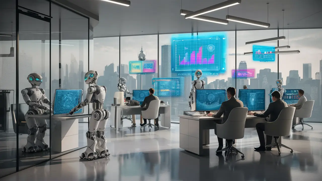 Robôs futuristas em escritório moderno com janelas de vidro e telas holográficas exibindo dados.