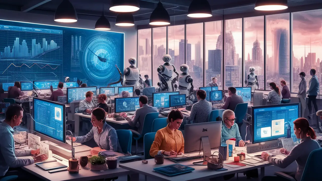 Colaboradores em um escritório moderno trabalhando com robôs e analisando dados em telas grandes, com um horizonte futurista ao fundo.