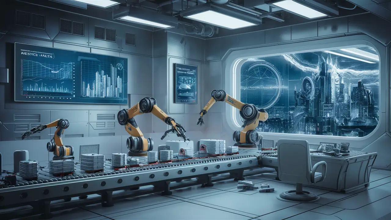 Robotic arms in a control room assembling products with digital screens in a high-tech cityscape.