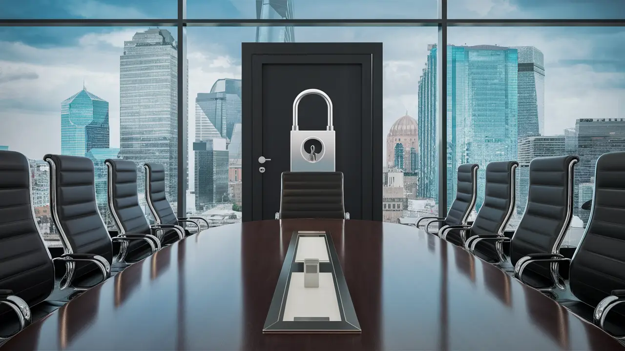 Escritório moderno com mesa de conferência, cadeiras pretas e janela com vista para a cidade.