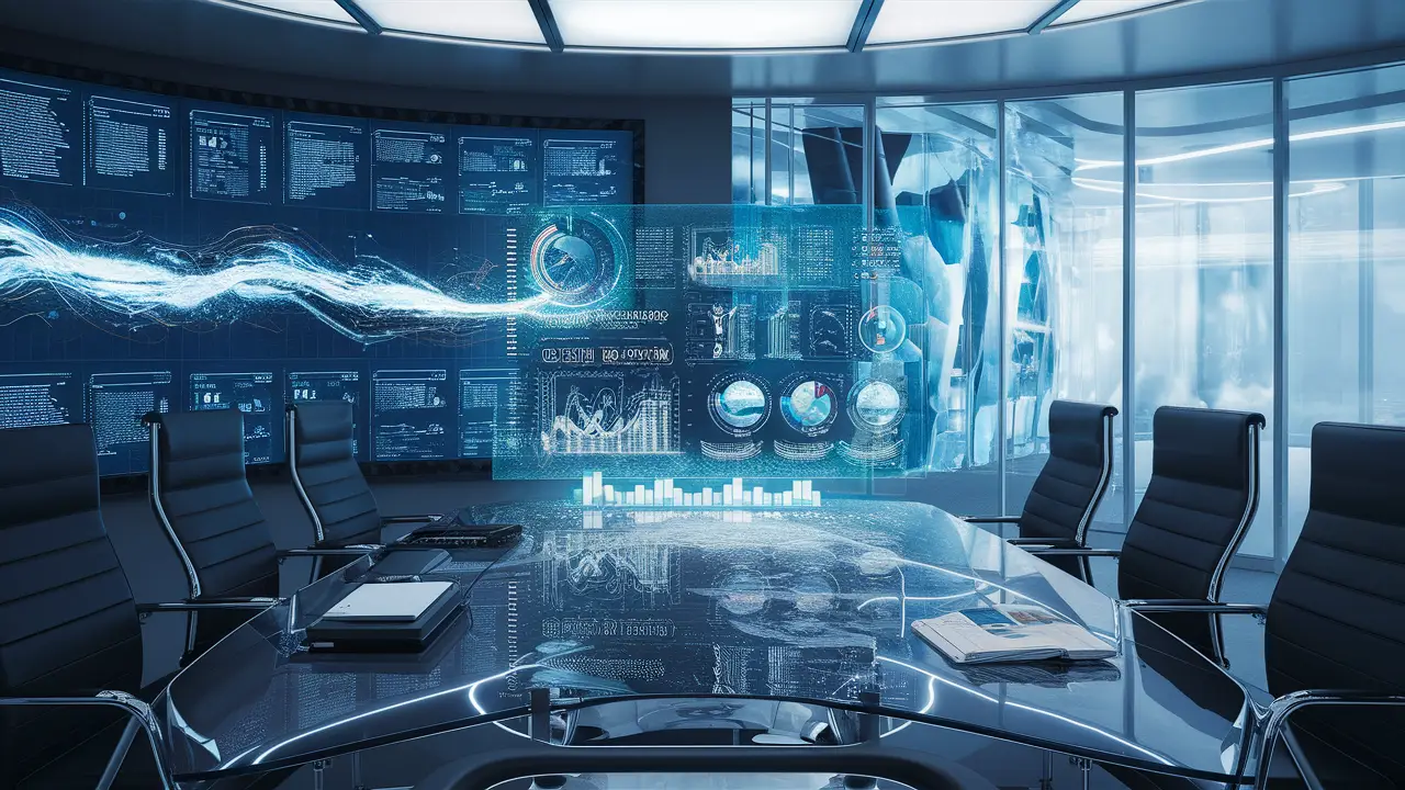 Escritório futurista com mesa de conferência de vidro e hologramas de dados analíticos.