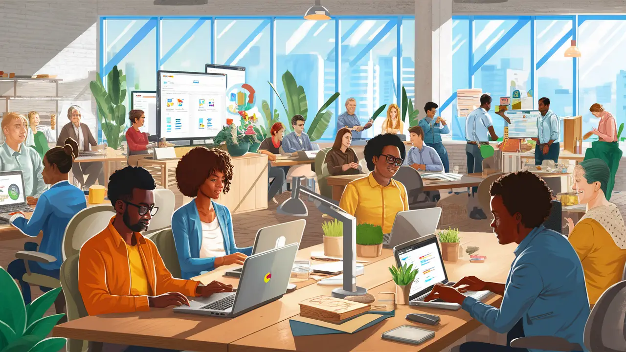 Pessoas diversas em um escritório usando laptops com aplicativos do Google Workspace.