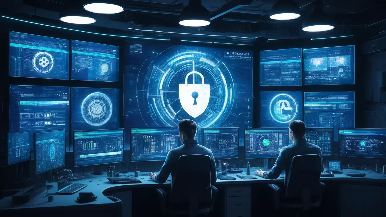 Central de controle futurista com telas digitais grandes exibindo dados de cibersegurança em um ambiente tecnológico.