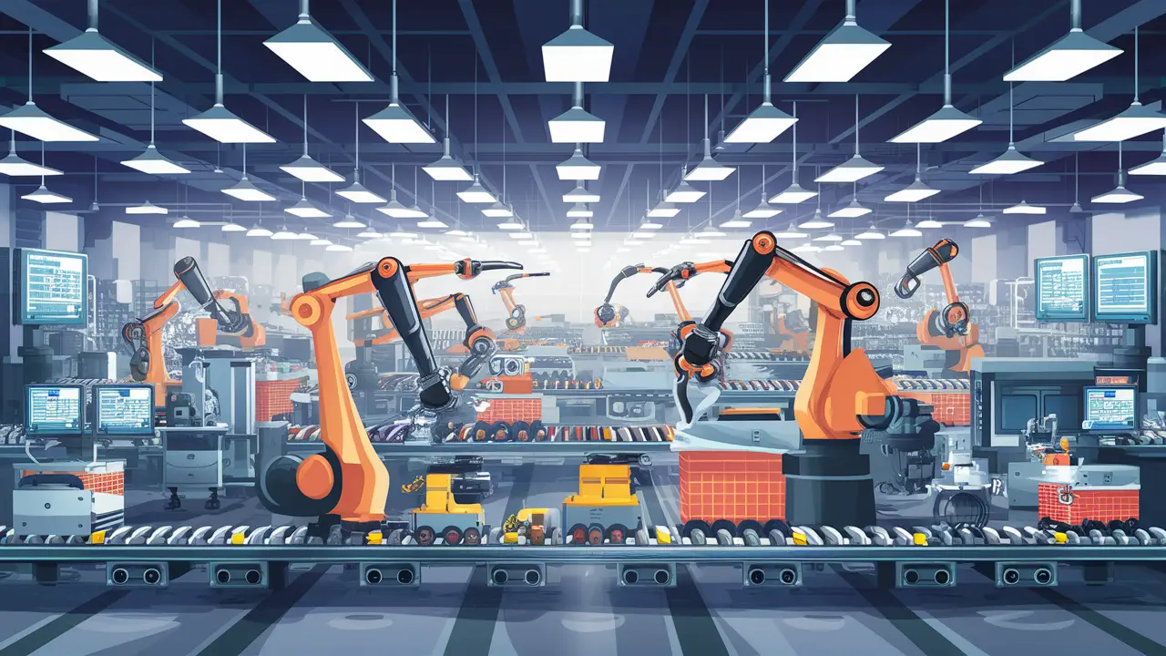 Robotic arms assembling machinery in a factory with conveyor belts and computer screens.