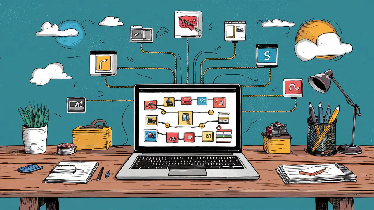 Conexão de ícones de software em um laptop em uma mesa de escritório.