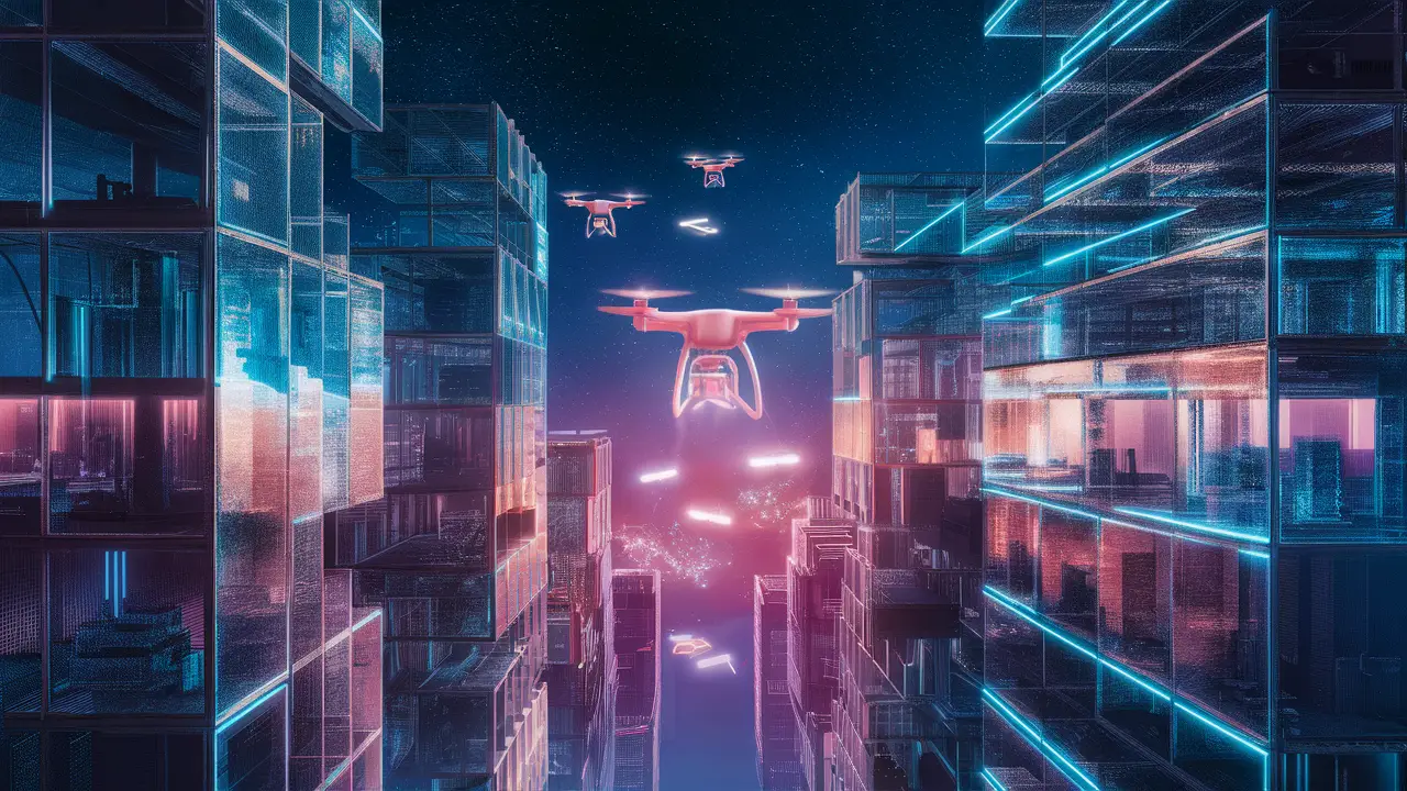 Arranha-céus futuristas de vidro e metal com drones voando e transmitindo dados iluminados por neon.