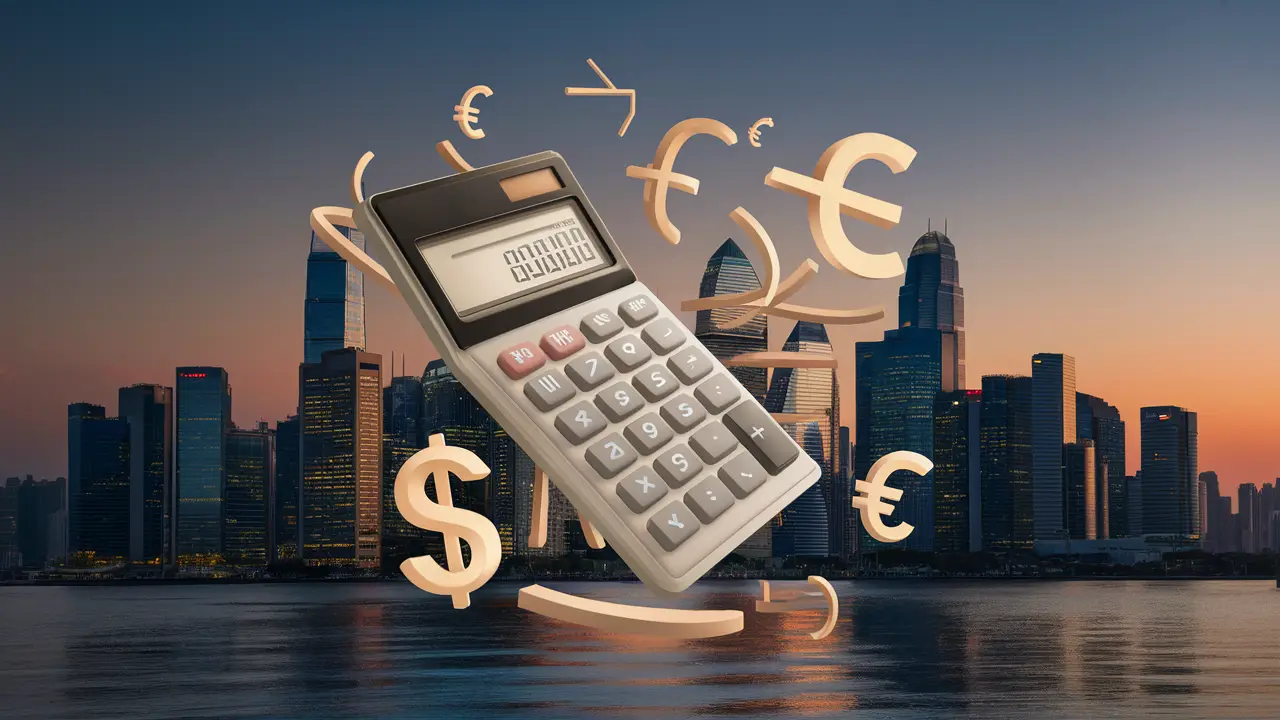 Horizonte urbano ao entardecer com calculadora flutuante e símbolos de moeda destacando saldo positivo.