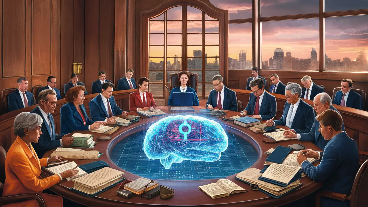 Pessoas diversas em um tribunal debatendo sobre exibição holográfica de um cérebro com padrões digitais.