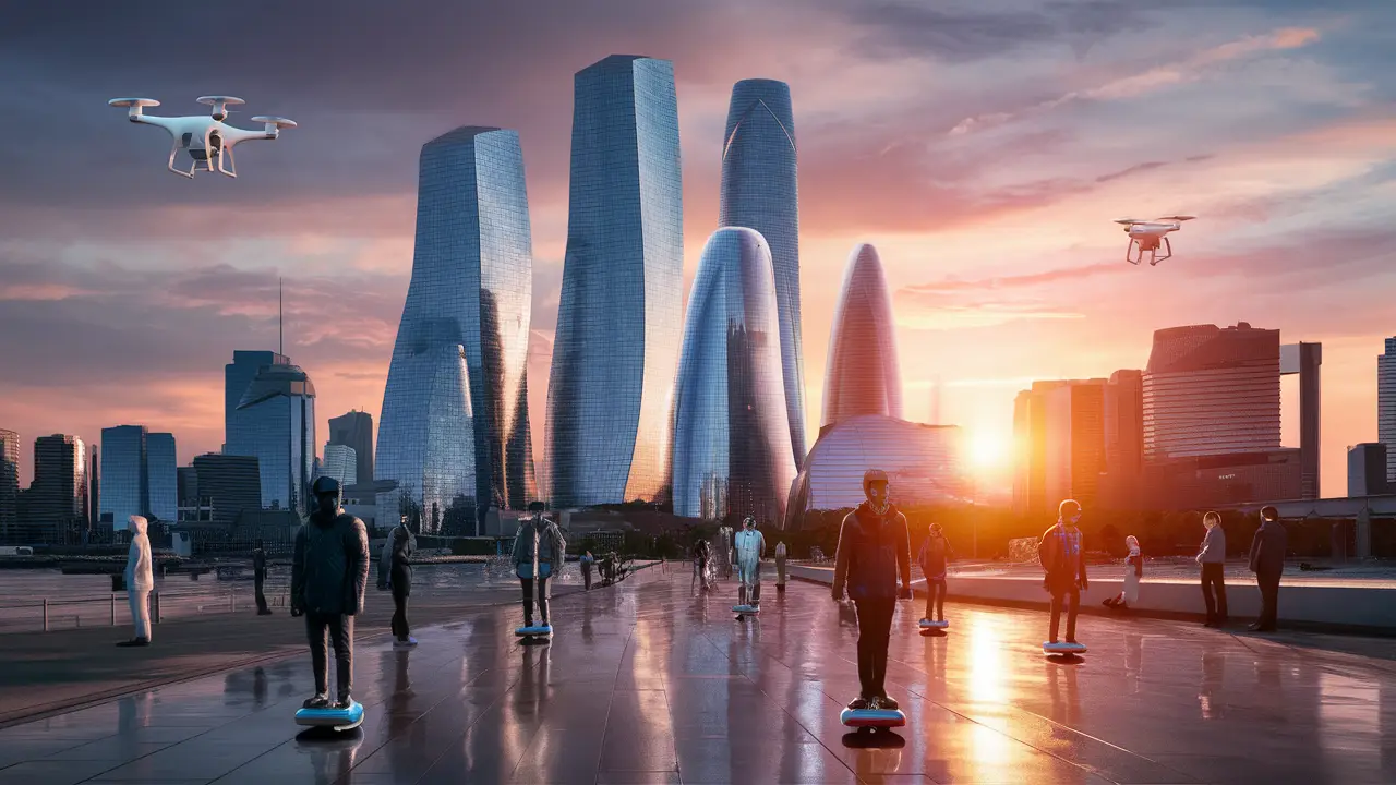Vista de uma cidade futurista ao amanhecer com arranha-céus de vidro e drones voando no céu.