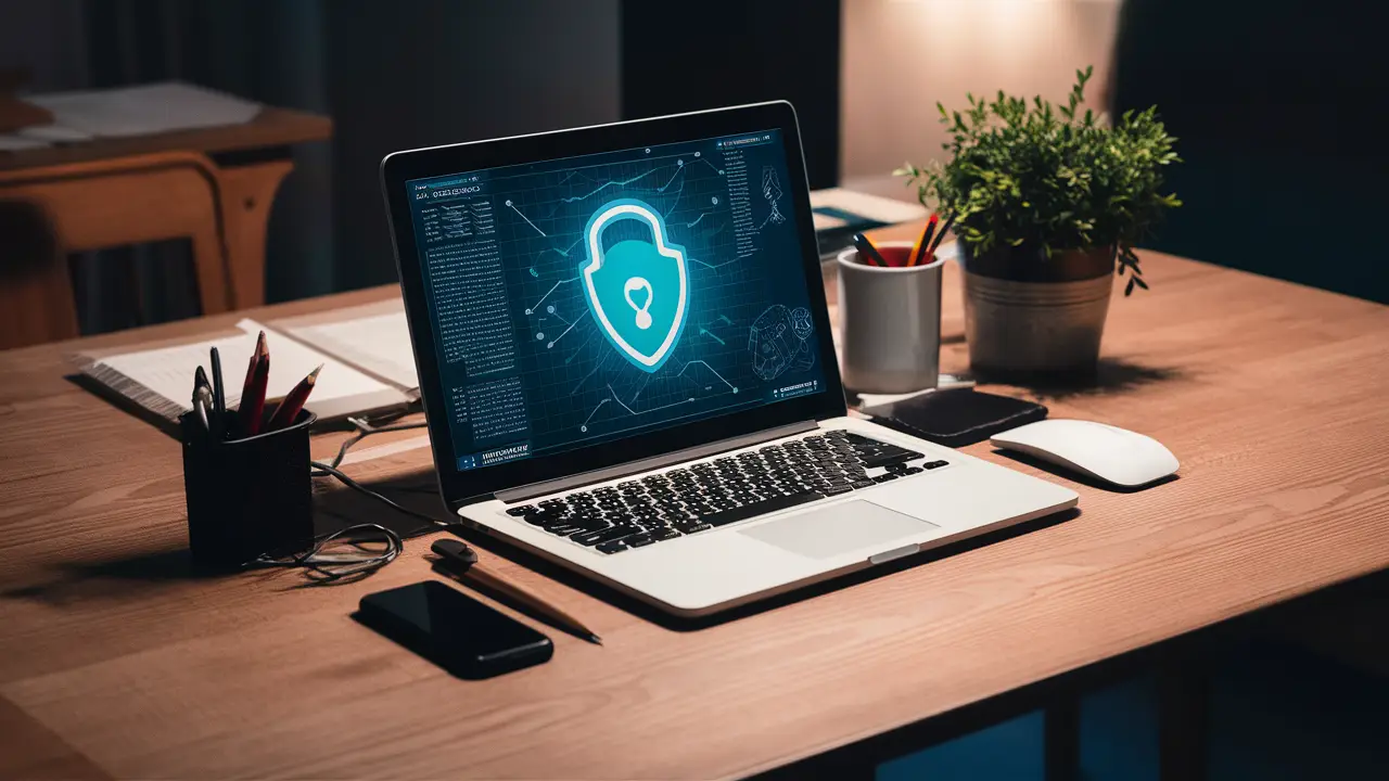 Laptop com gráfico de segurança digital, smartphone e cadeado dourado sobre mesa de escritório.