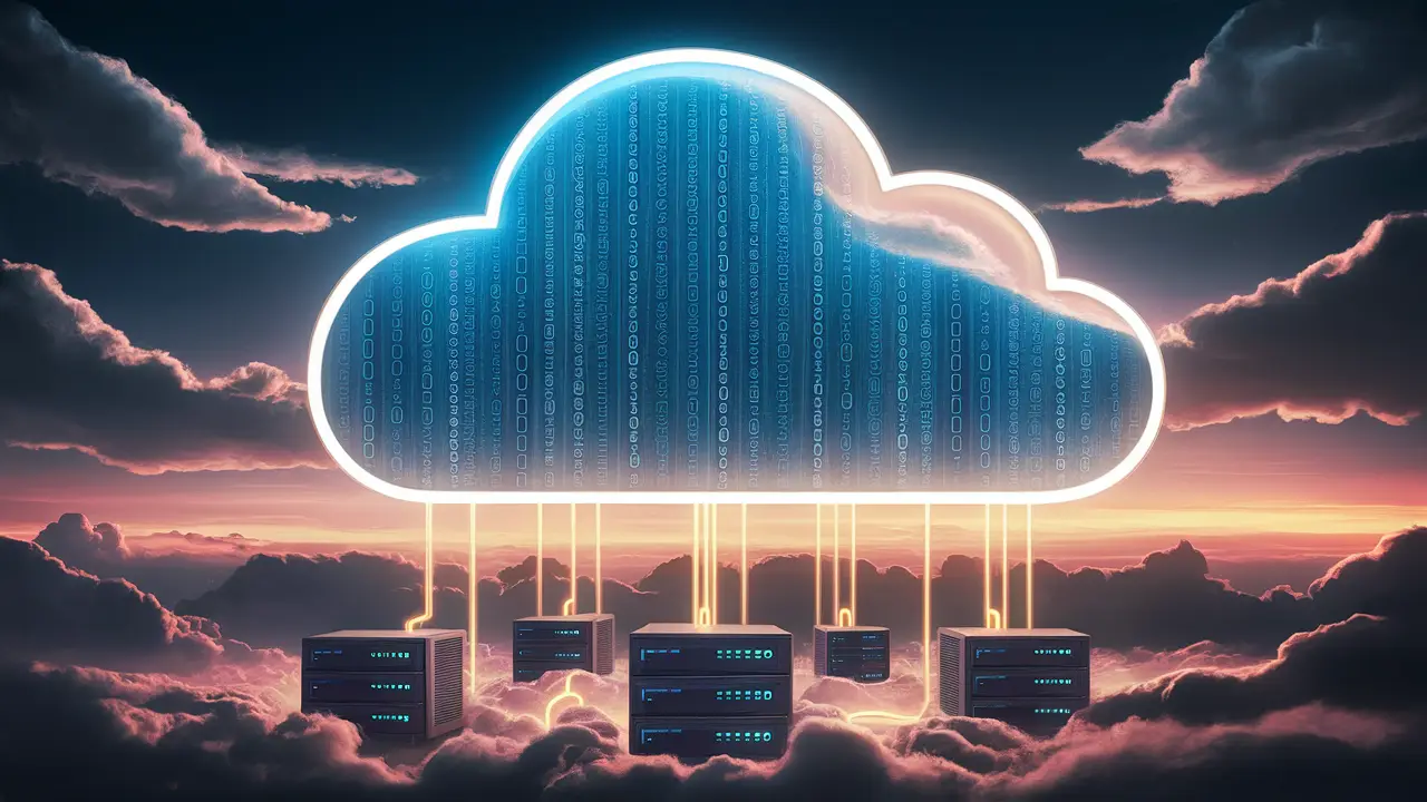 Nuvem transparente no céu com código binário e servidores conectados por linhas luminosas.