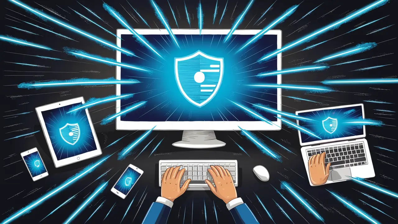 Computador com ícone de escudo digital no centro, cercado por dispositivos menores conectados por linhas azuis brilhantes.