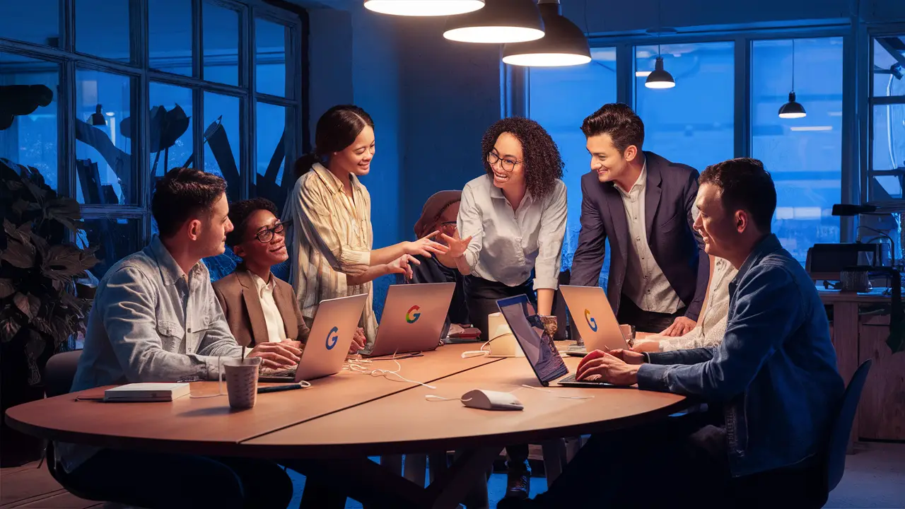Equipe reunida em uma mesa de conferência com laptops mostrando o logotipo do Google Workspace em um escritório iluminado.