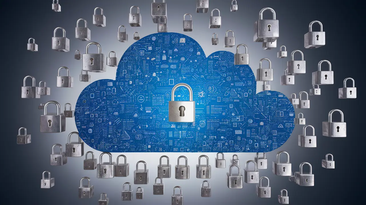 Nuvem digital com ícones de dados azuis e brancos, cercada por cadeados prateados de tamanhos variados.