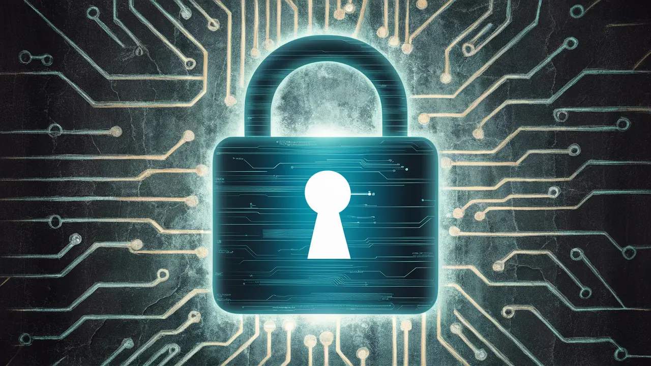 Cadeado digital metálico centralizado cercado por padrões de circuito abstratos e brilho azul.
