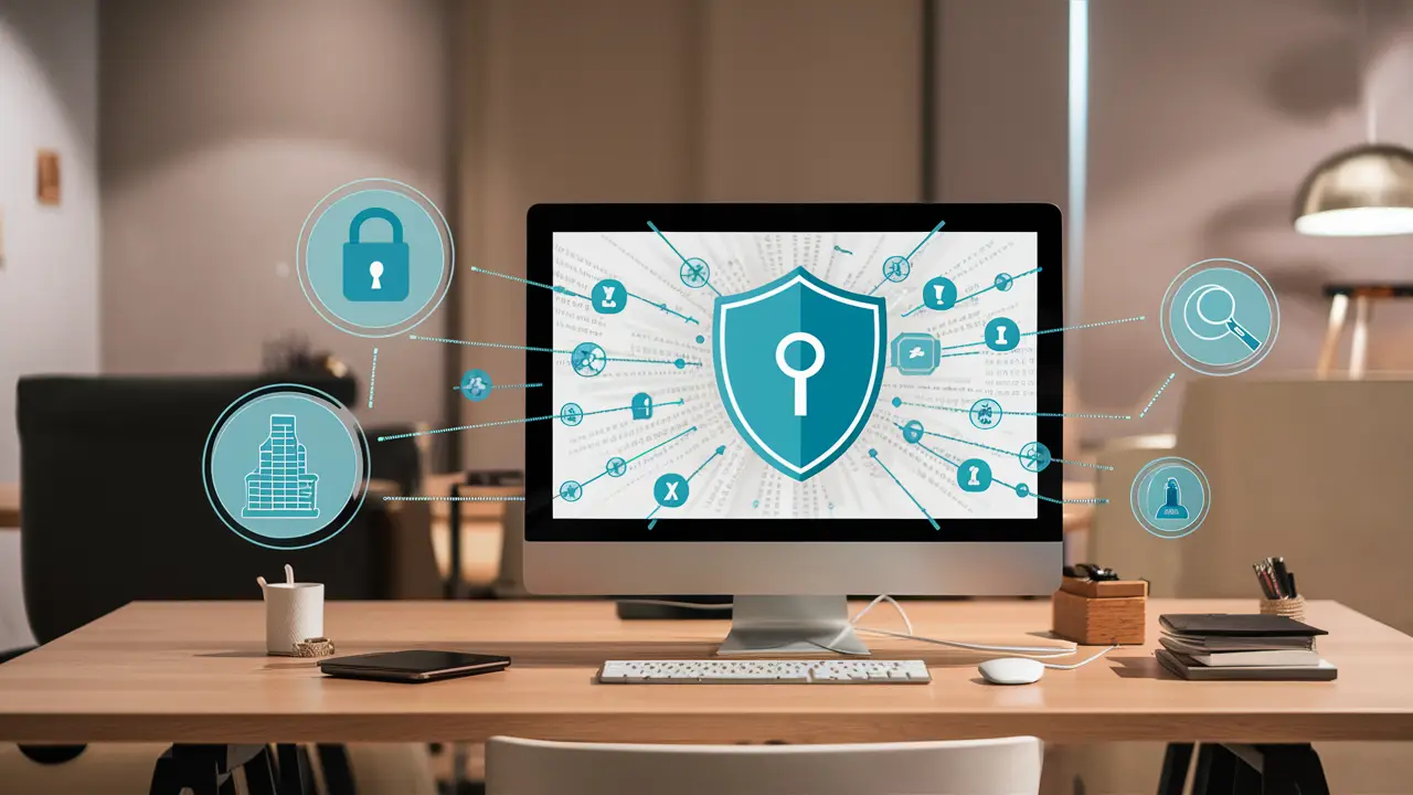 Ícones de proteção de endpoint em uma tela de computador, incluindo cadeado, firewall e lupa.