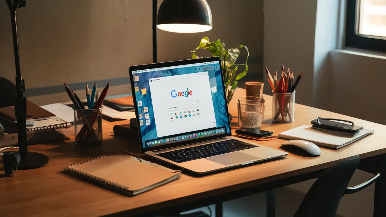Mesa de escritório com laptop exibindo Google Workspace, cadernos, canetas e planta sob luz natural.