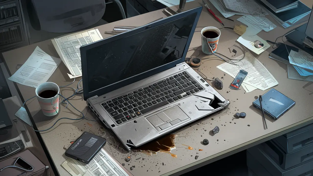 Laptop quebrado em uma mesa de escritório bagunçada com papéis espalhados e copo de café derramado.