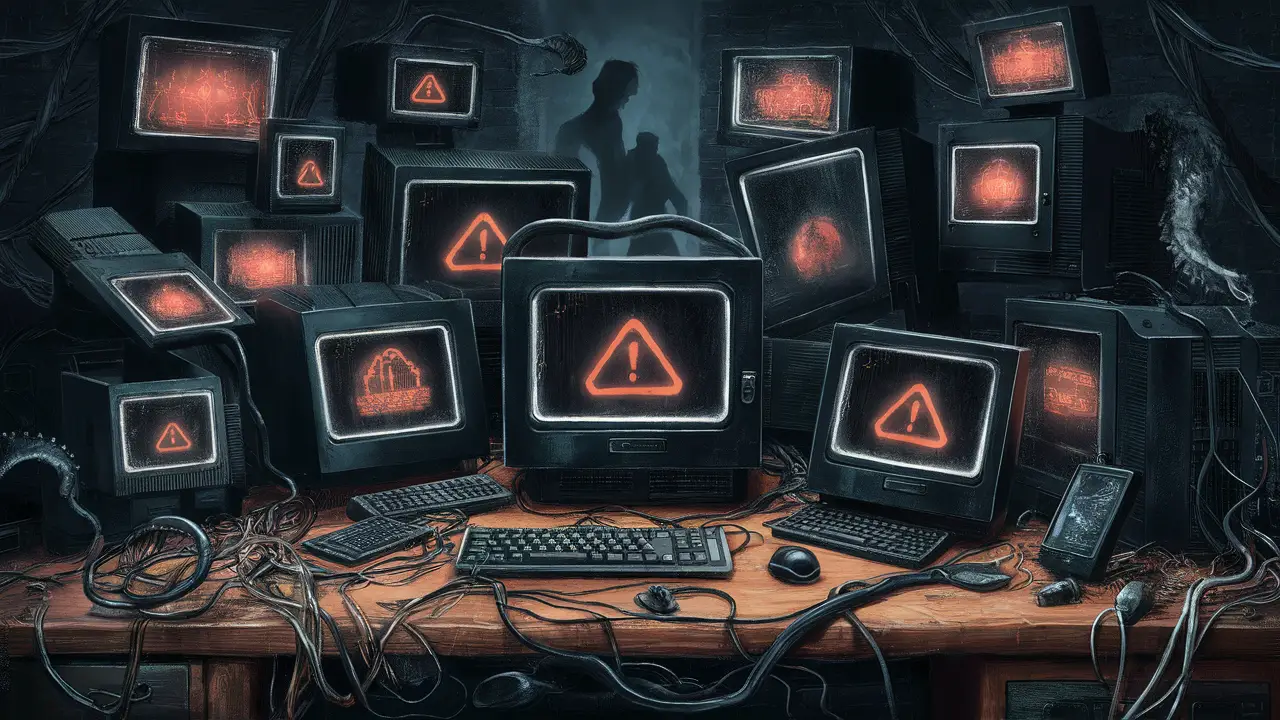 Sala escura com telas de computador pretas mostrando símbolos de aviso em vermelho e fios emaranhados sobre uma mesa.