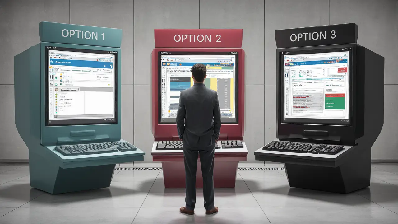 Homem comparando três opções de software em telas de computador em um escritório moderno.