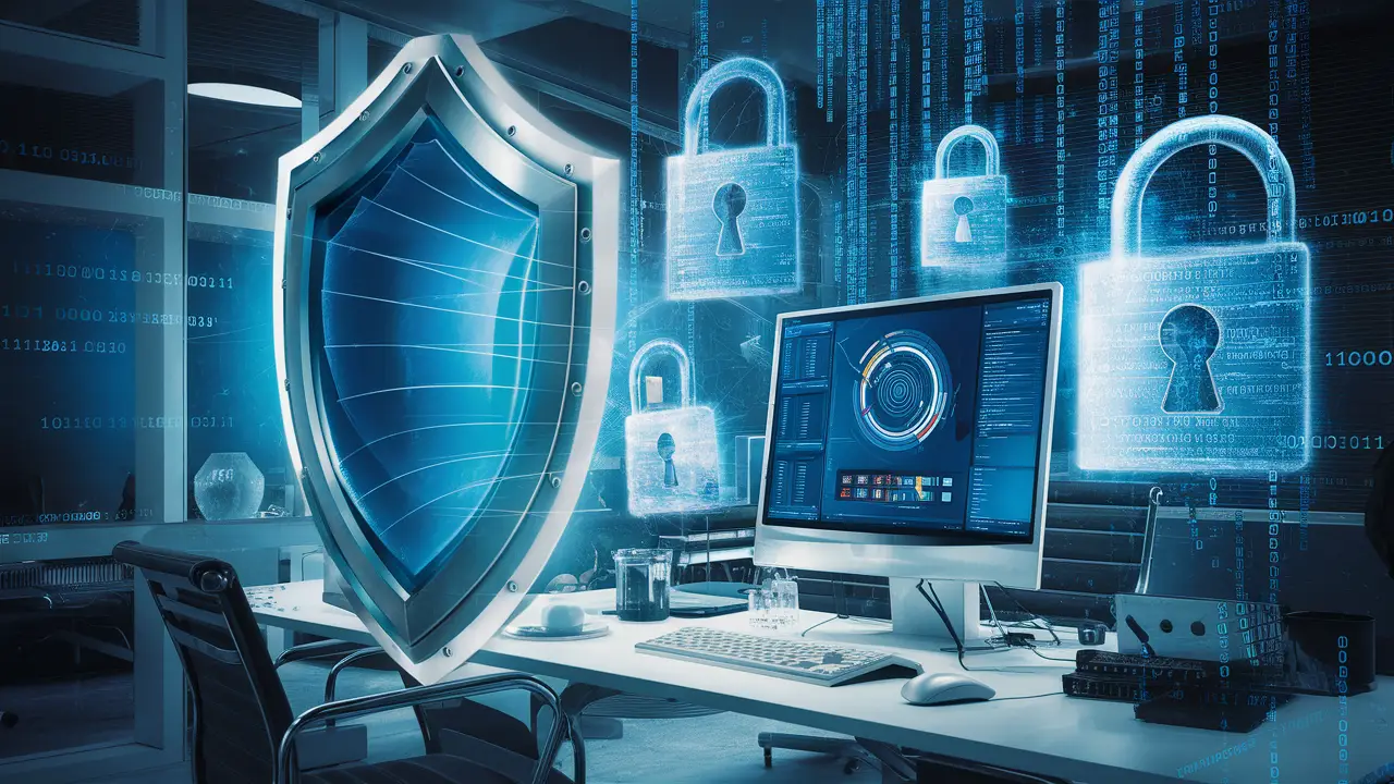 Computador com interface do Google Workspace protegido por escudo transparente e código binário flutuante.