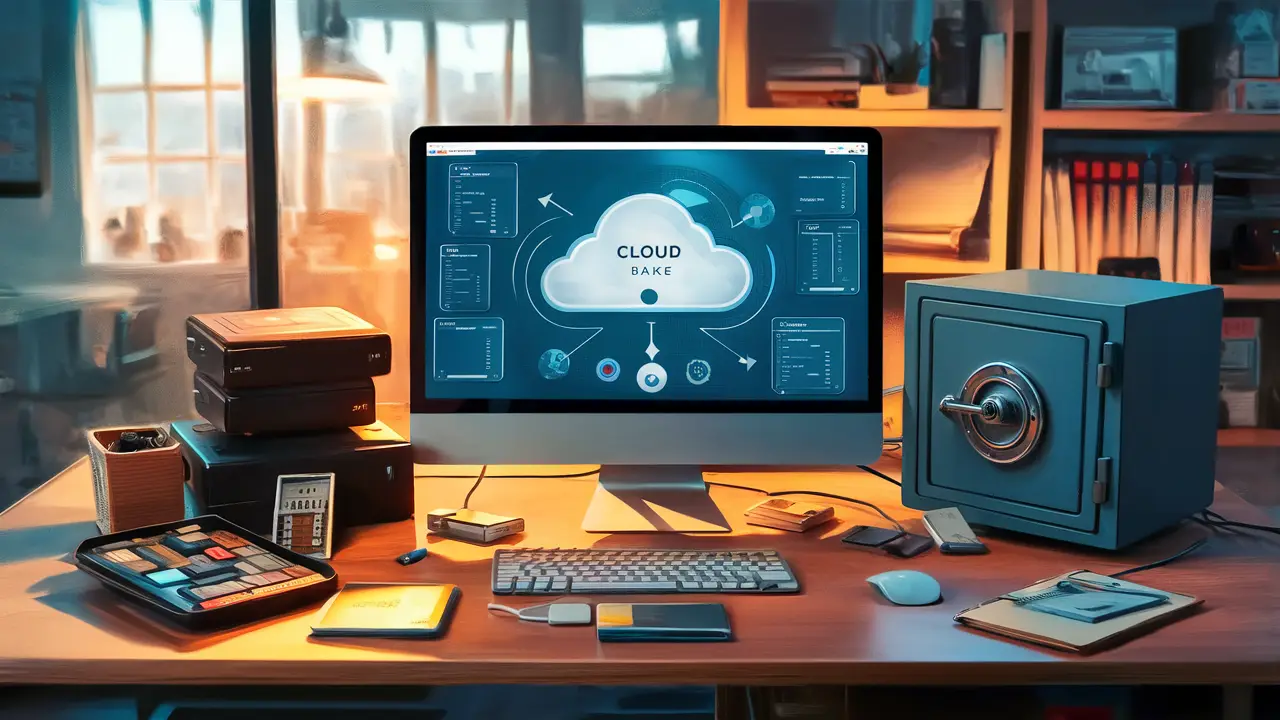 Computador em mesa com interface de backup na nuvem e dispositivos de armazenamento ao redor.