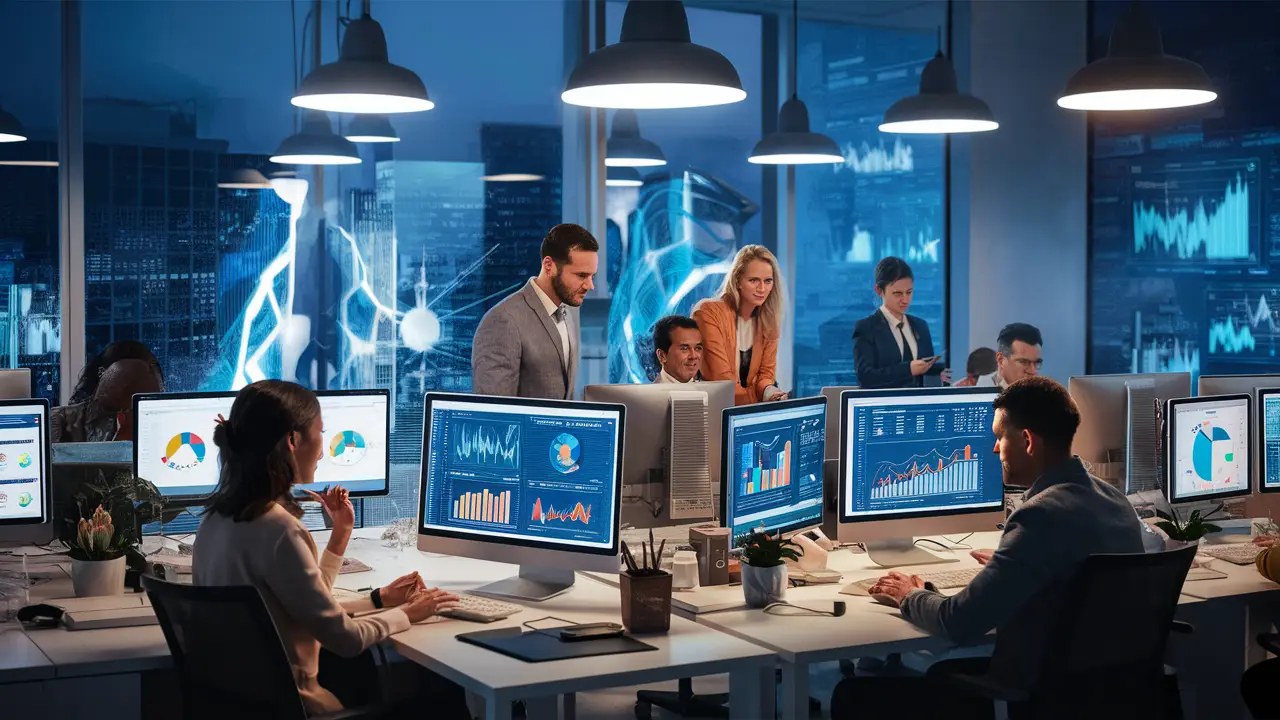 Equipe diversa trabalhando em escritório moderno com telas mostrando gráficos e software de automação.