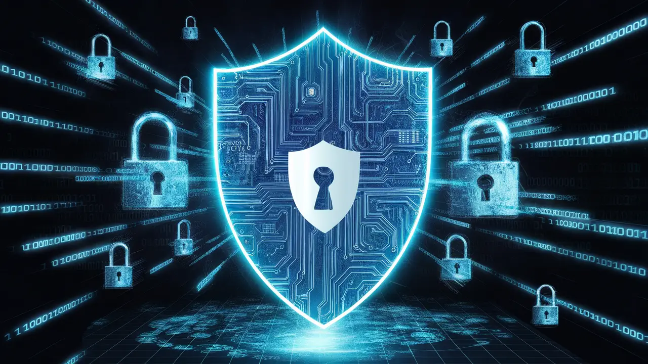Escudo digital com padrões de circuito azul e cadeados flutuantes em um fundo escuro.