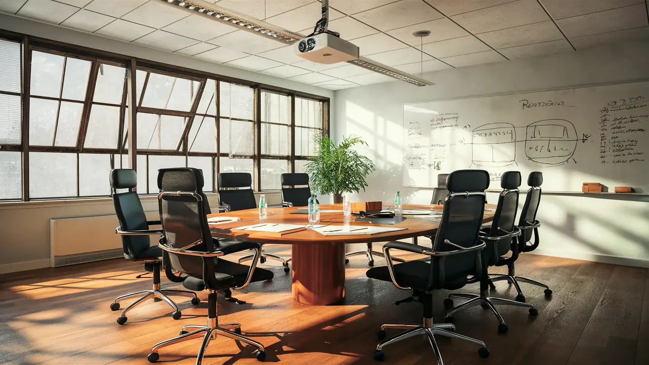 Sala de reunião com mesa de madeira, cadeiras ergonômicas pretas, quadro branco e projetor em ambiente iluminado.