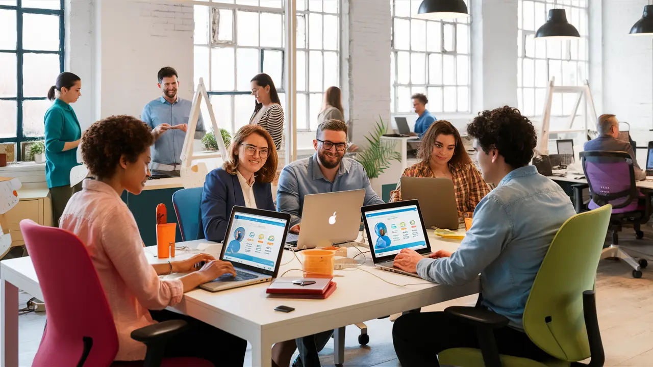 Colaboradores em um escritório moderno usando laptops com aplicativos do Google Workspace em mesas brancas.