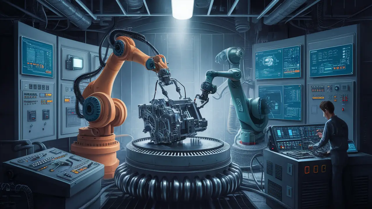 Braço robótico em linha de montagem automatizada com técnico ajustando console e telas mostrando dados.