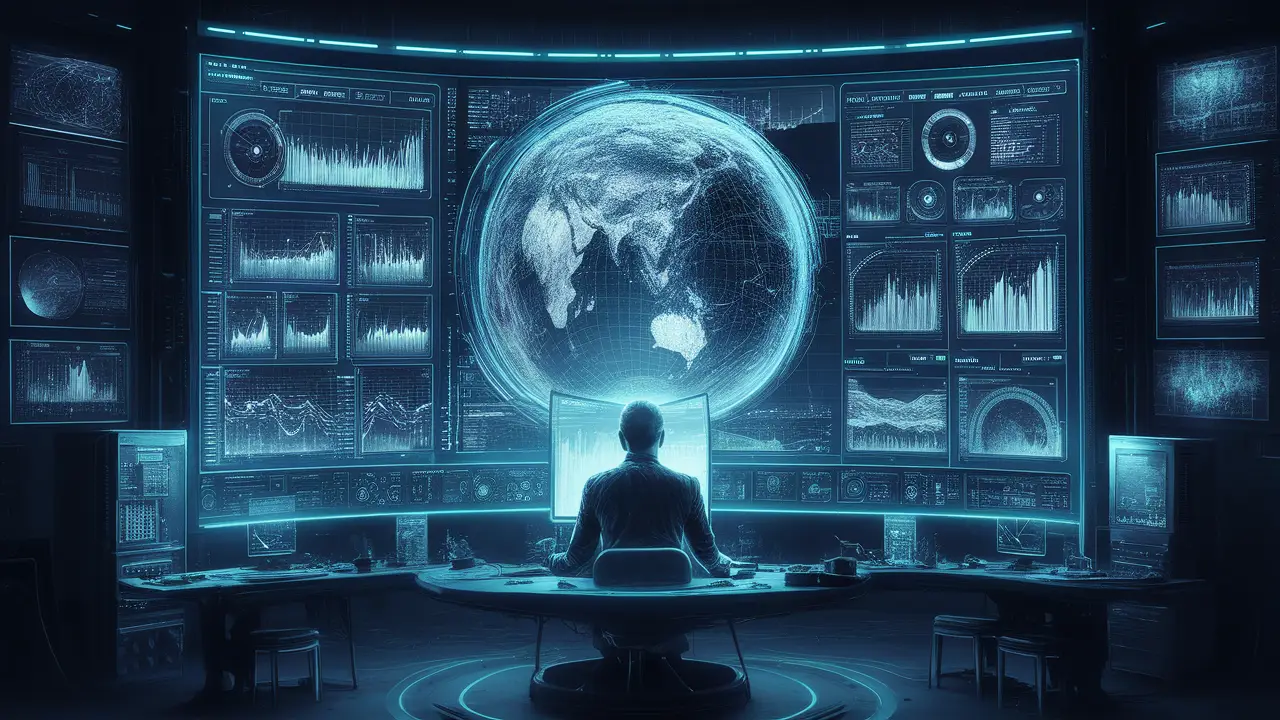 Painel digital com gráficos em tempo real e holograma de globo cercado por equipamentos de computador futuristas.
