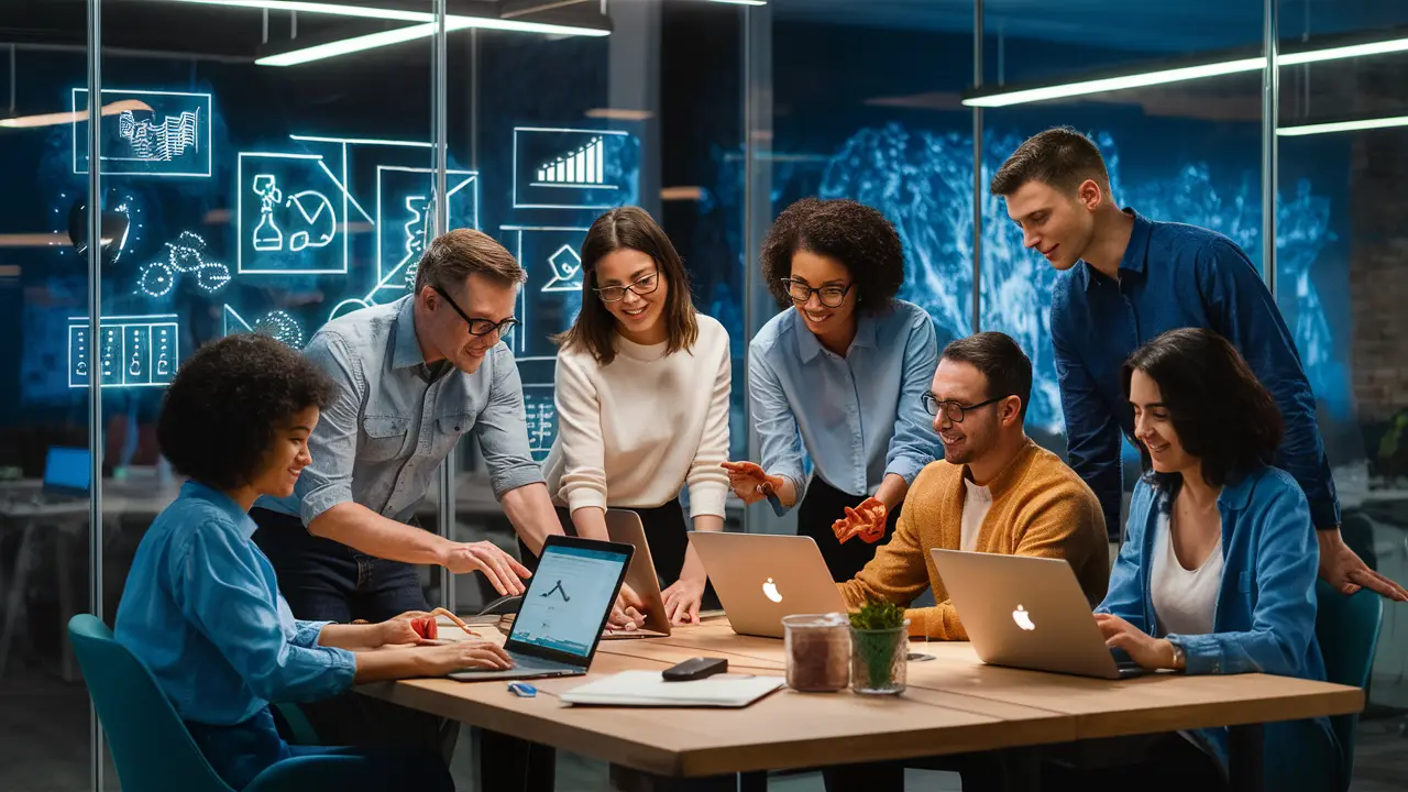 Equipe de cinco pessoas colaborando em laptops em um escritório moderno com gráficos de sucesso projetados na parede.