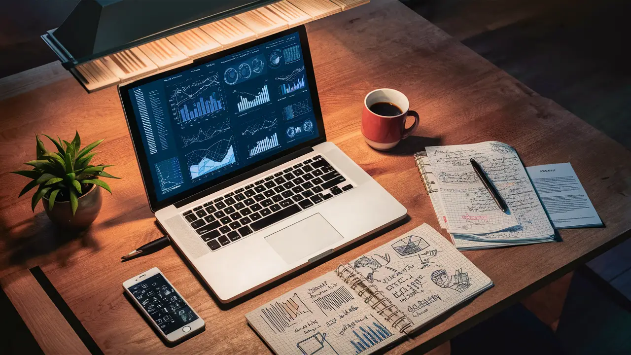 Laptop com gráficos e anotações em um bloco sobre mesa de madeira, cercado por smartphone, caneca de café e planta.