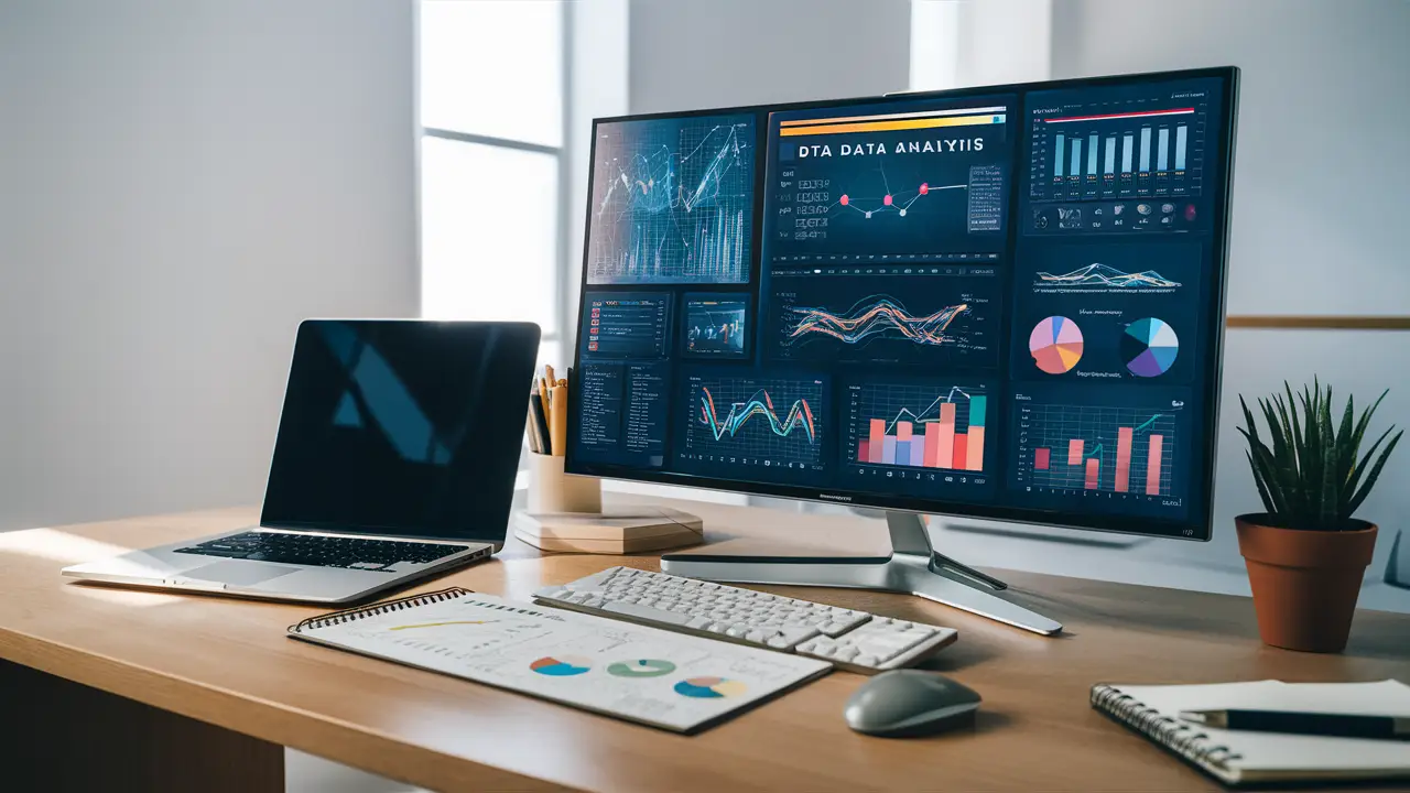 Monitor de computador exibindo interfaces de software de análise de dados com gráficos coloridos em uma mesa de escritório.