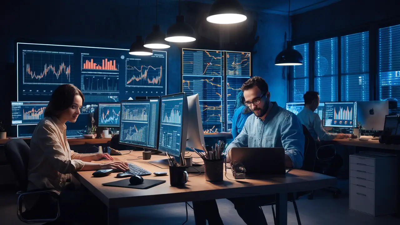 Técnico em escritório moderno configurando software de TI em laptop com telas mostrando gráficos de análise de dados.