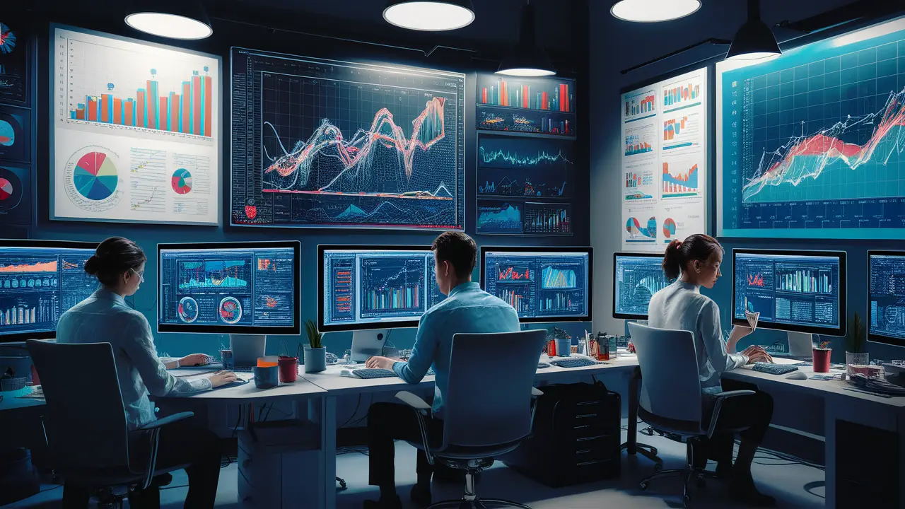 Três funcionários analisando dados em telas de computador em um escritório moderno com gráficos nas paredes.