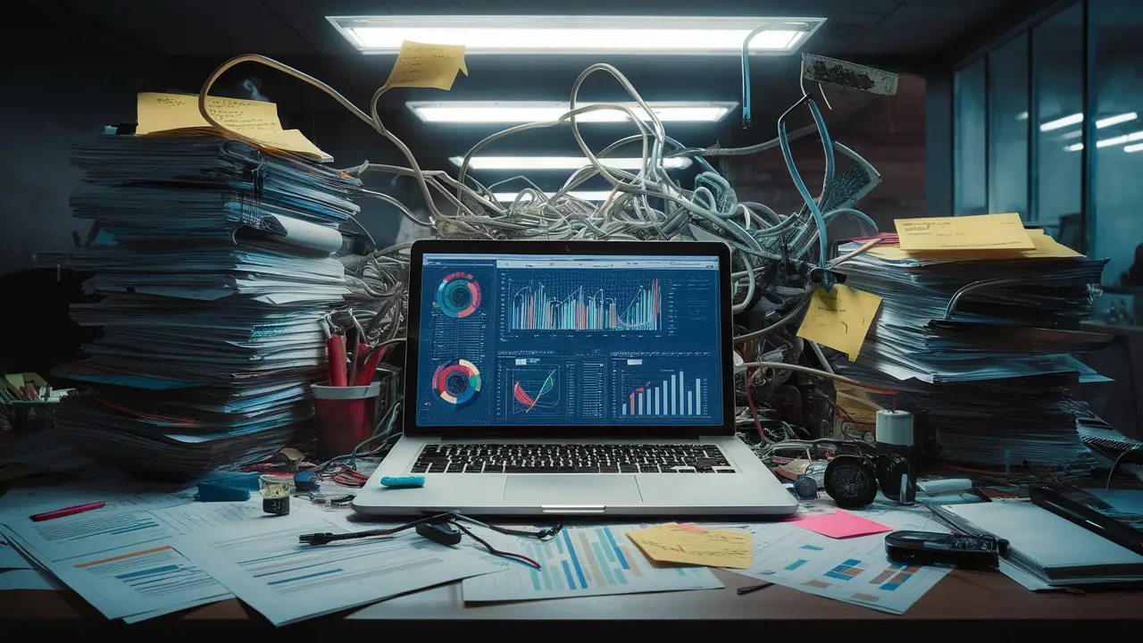 Mesa de escritório desorganizada com pilhas de documentos, laptop com gráficos de dados e fios emaranhados.