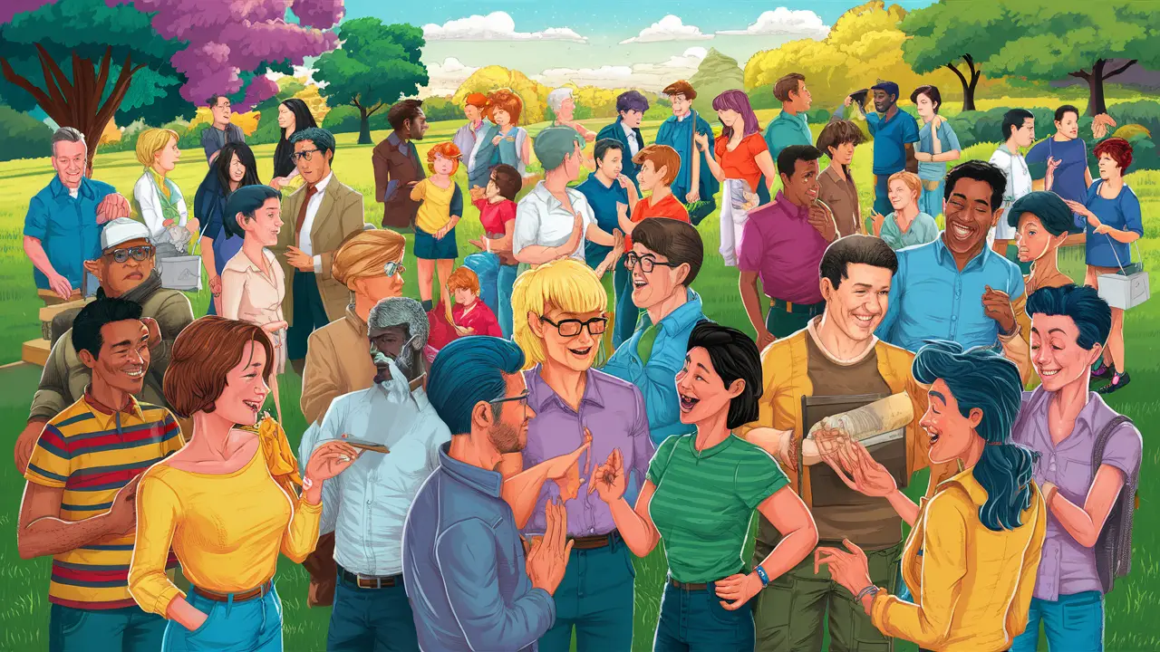 Grupo diverso de pessoas de várias idades interagindo em um parque sob um céu claro.