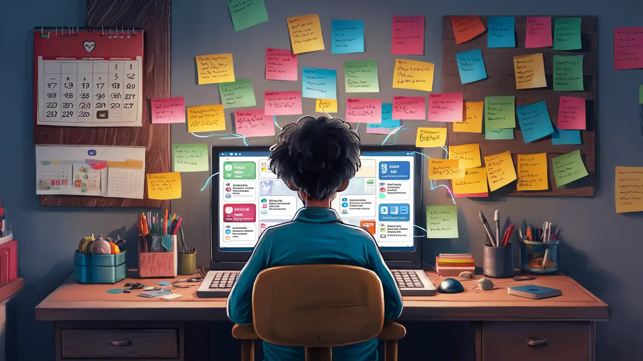 Pessoa em escritório caseiro com laptop, notas coloridas e notificações de mídia social na tela.