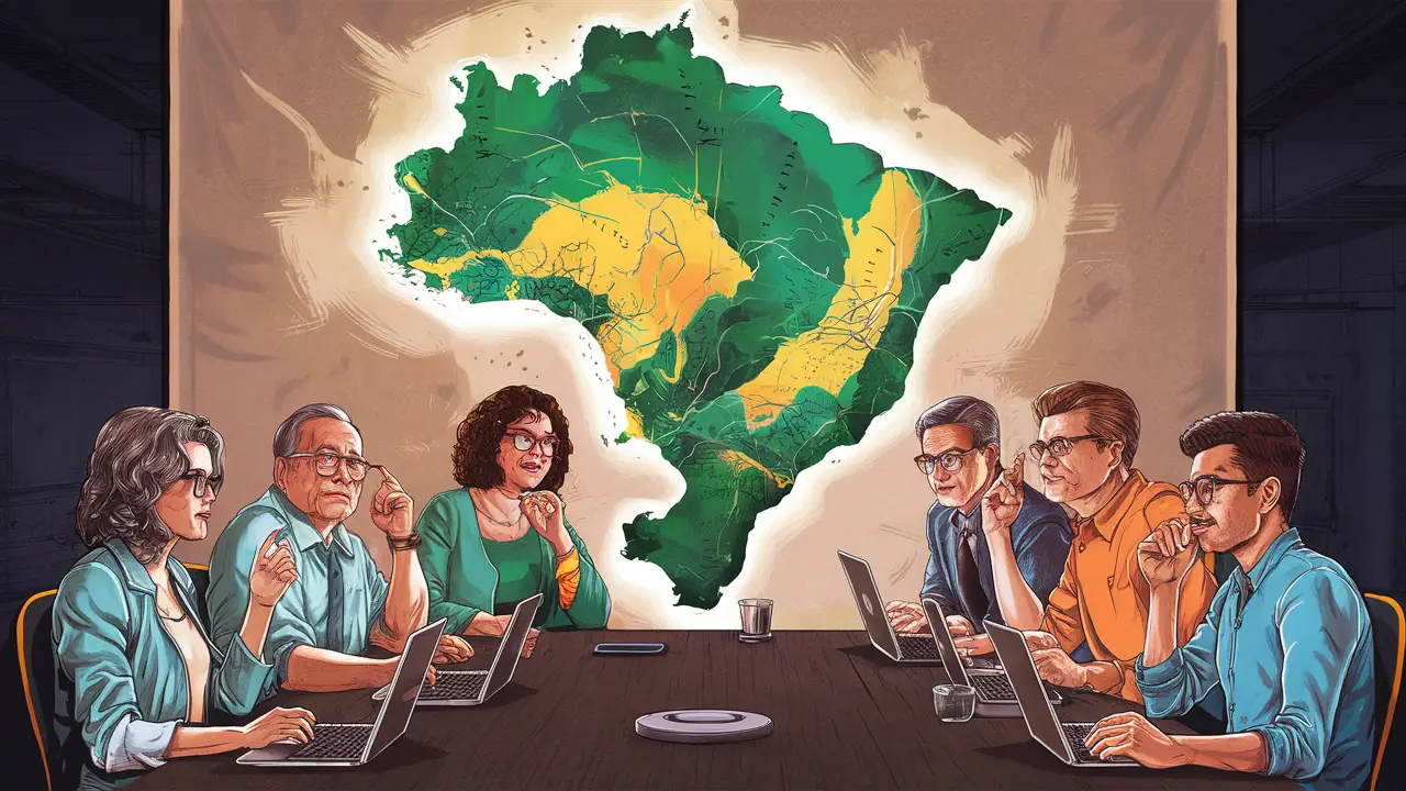 Pessoas de diversas idades discutindo em uma sala de conferência com um mapa do Brasil projetado na tela.