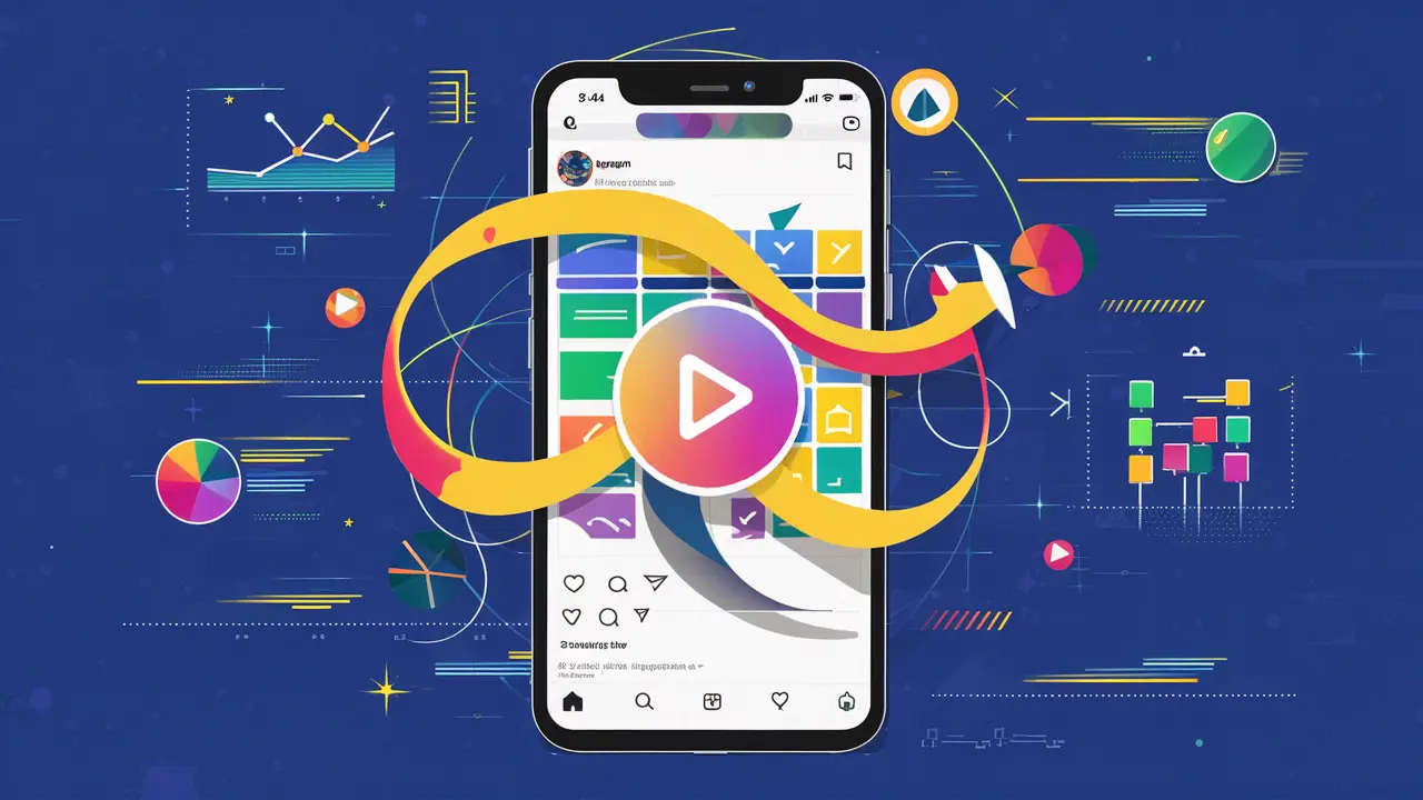 Tela de smartphone com interface do Instagram Reels, botão de play animado e ícones de gráfico coloridos.