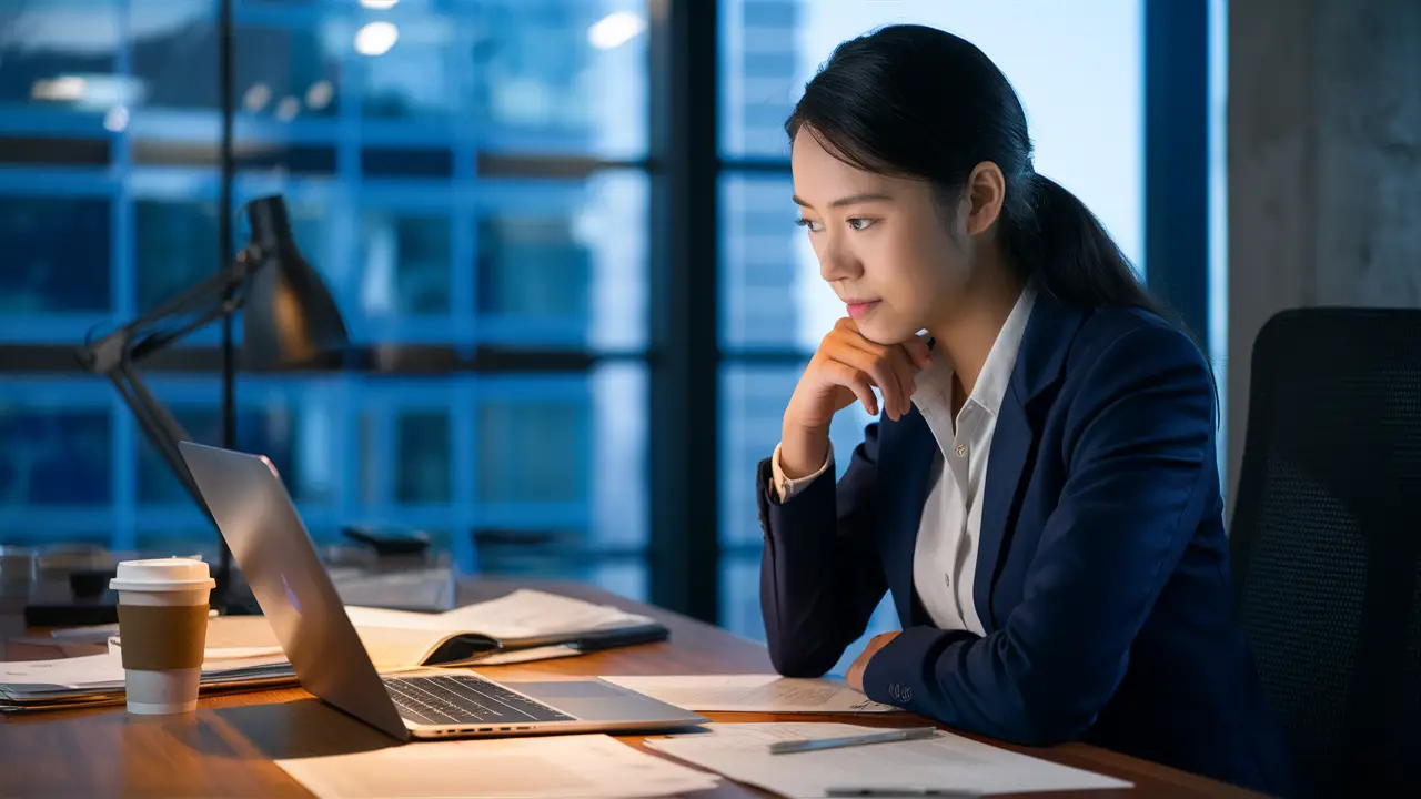 Mulher de negócios concentrada em laptop em mesa com documentos e xícara de café, janela ao fundo mostrando cidade.