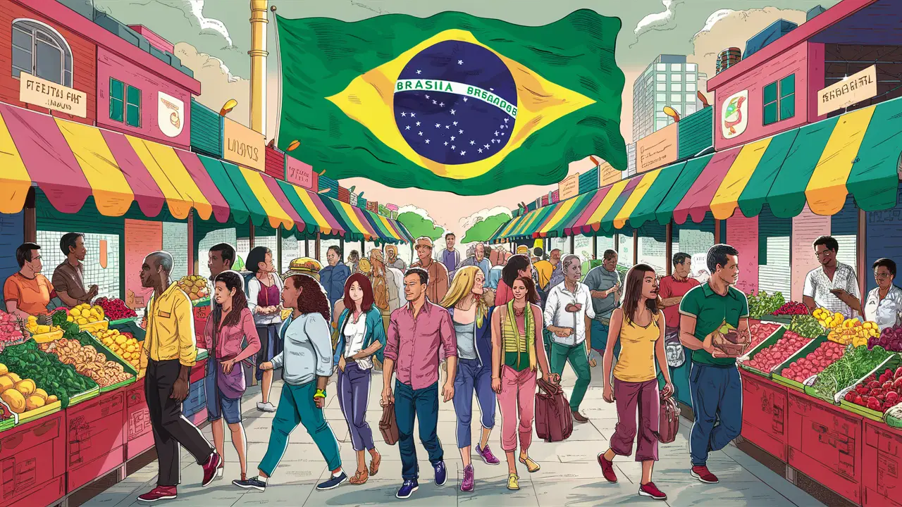 Pessoas caminhando em um mercado brasileiro com barraquinhas coloridas e uma bandeira do Brasil ao fundo.