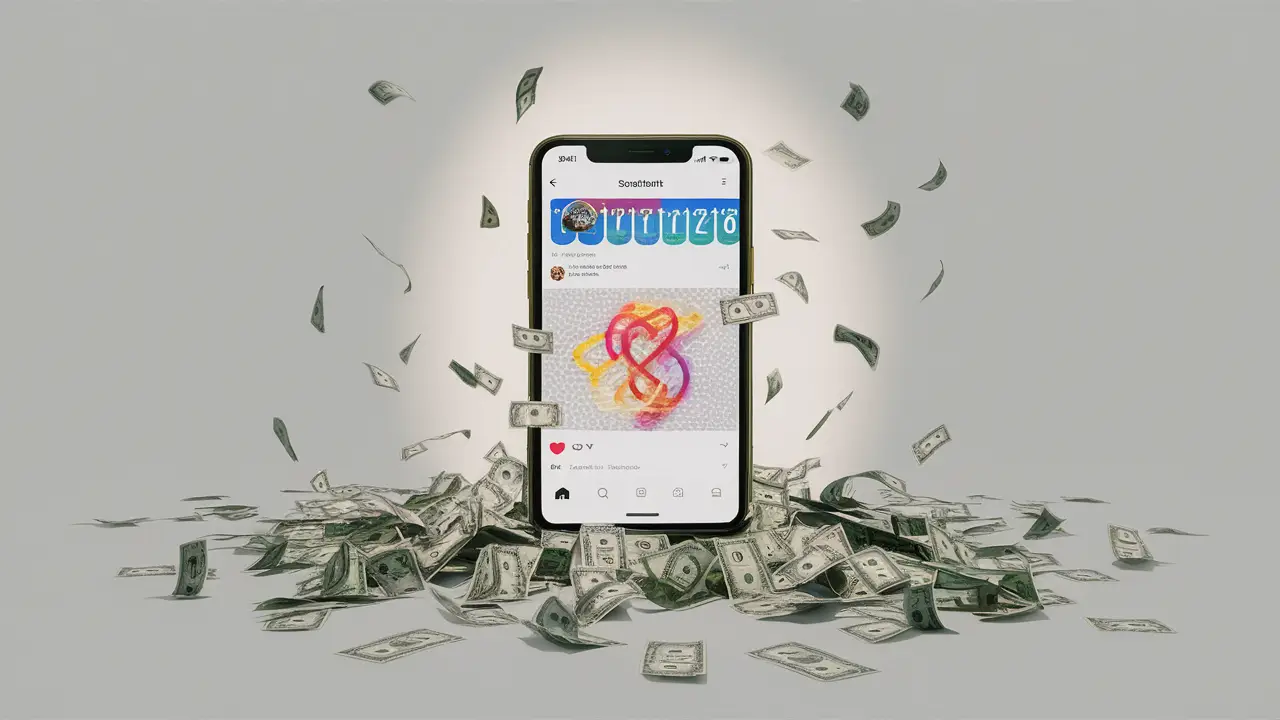 Tela de smartphone brilhante com contagem de seguidores aumentando e cédulas de dólar ao redor.