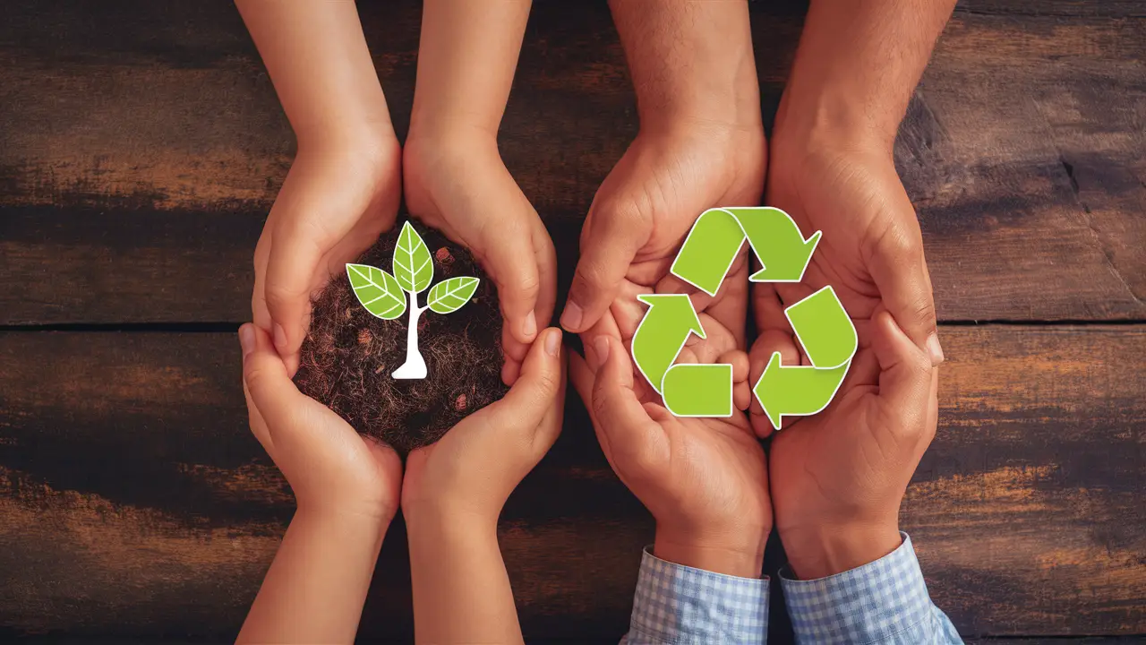 Mãos segurando ícones ecológicos como mudas de árvore e símbolo de reciclagem sobre mesa de madeira texturizada.